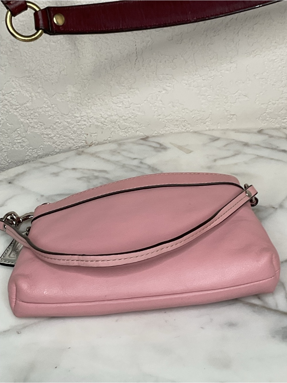 Coach Pink soft Leather Wristlet with metallic silver spell out charm,EUC - Picture 4 of 11
